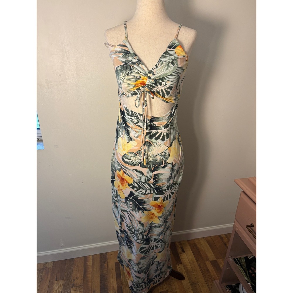Y2K Tropical Floral Cutout Maxi Dress Hawaiian Print Bodycon Slip S Resort Vacay